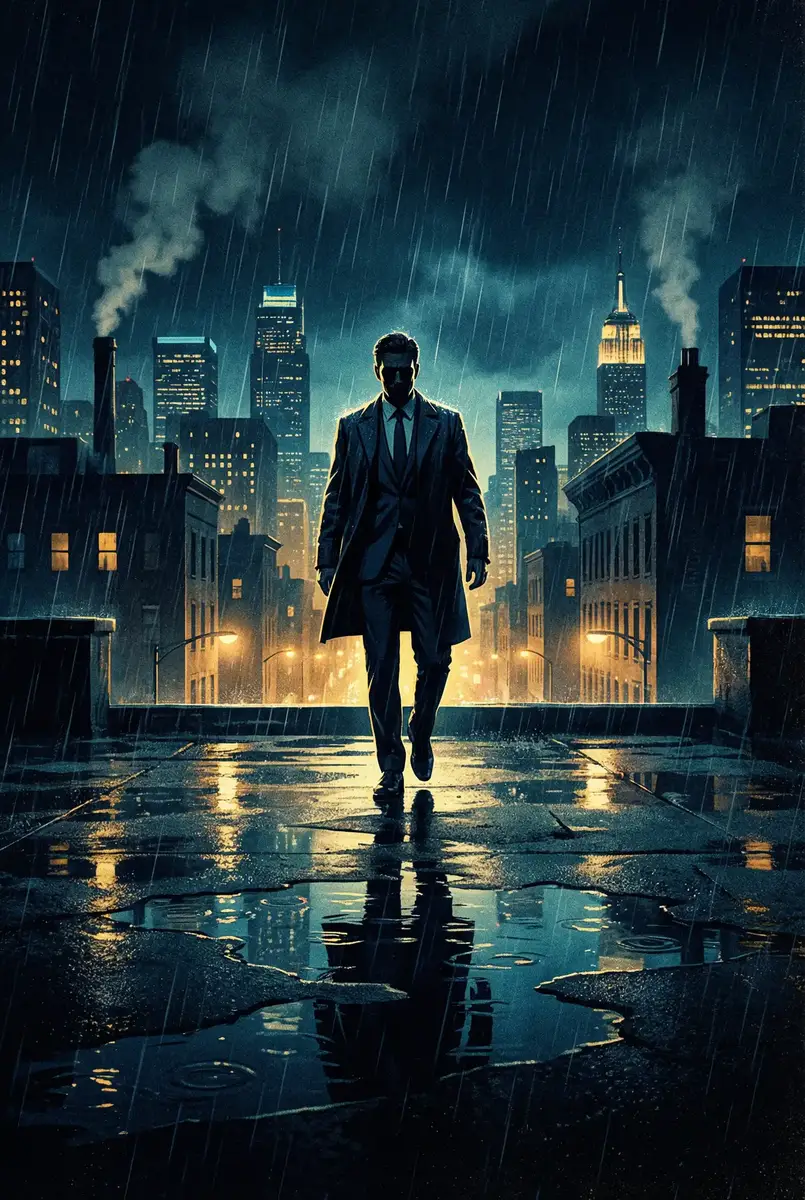 教练等不及在车里就来开始了 出品影片《雨夜独行者》海报，雨中城市屋顶男性剪影